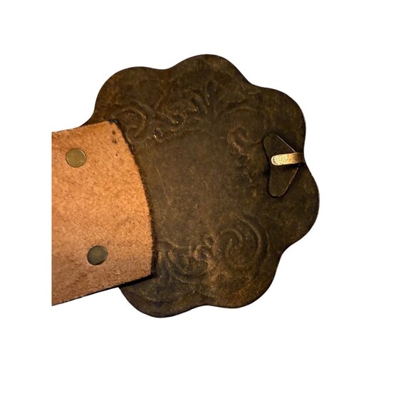VTG Chicos Leather Embossed Floral Belt Conch Style Ornate Buckle Western Boho - Picture 3 of 11